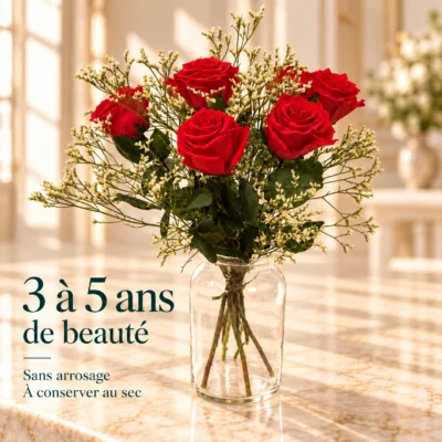 Bouquet de roses rouges stabilisées et fleurs séchées en vase sur marbre beige