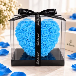 Cœur de roses bleues en coffret cadeau