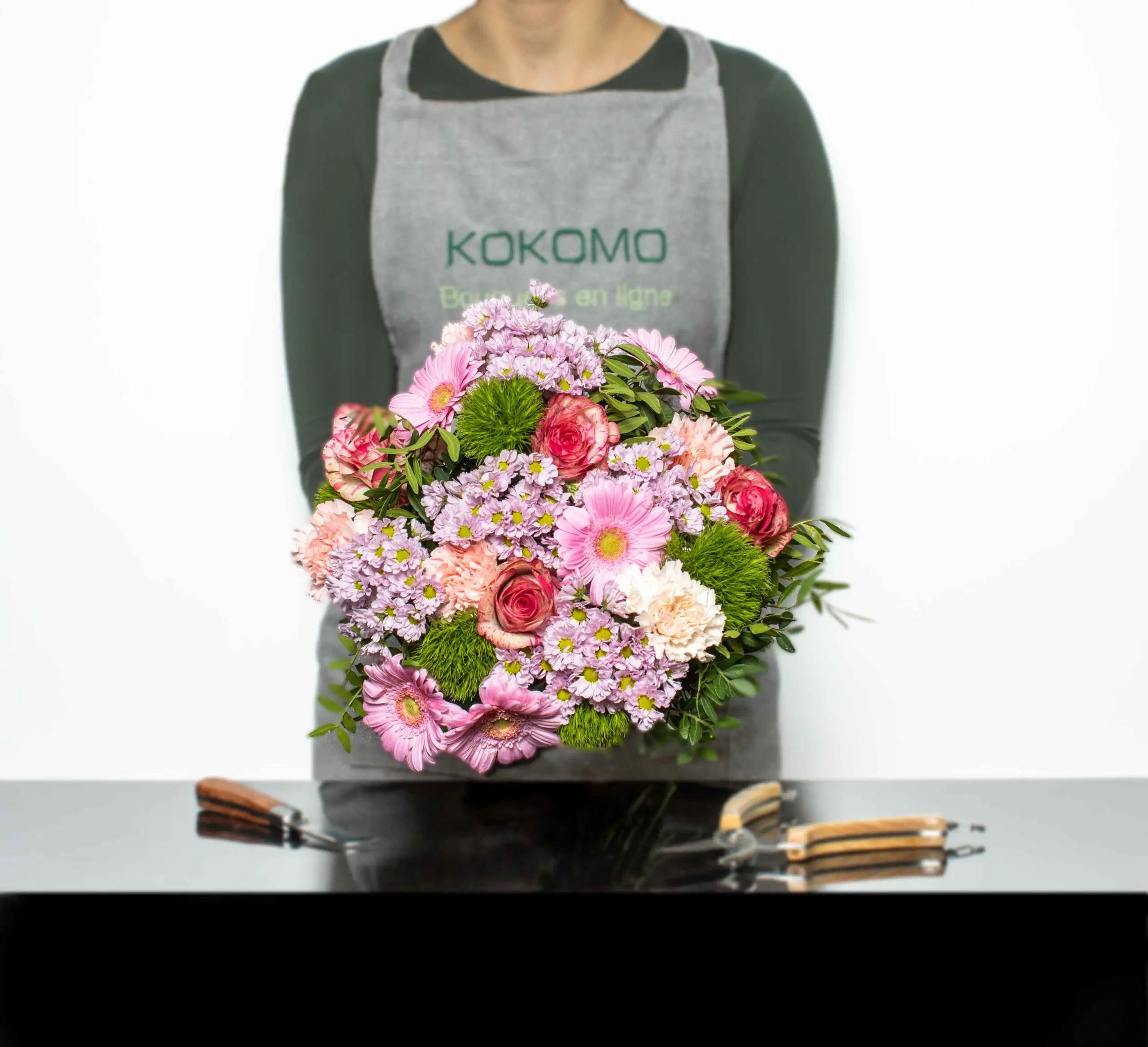 bouquet camaïeu : rose, vert, violet pastel