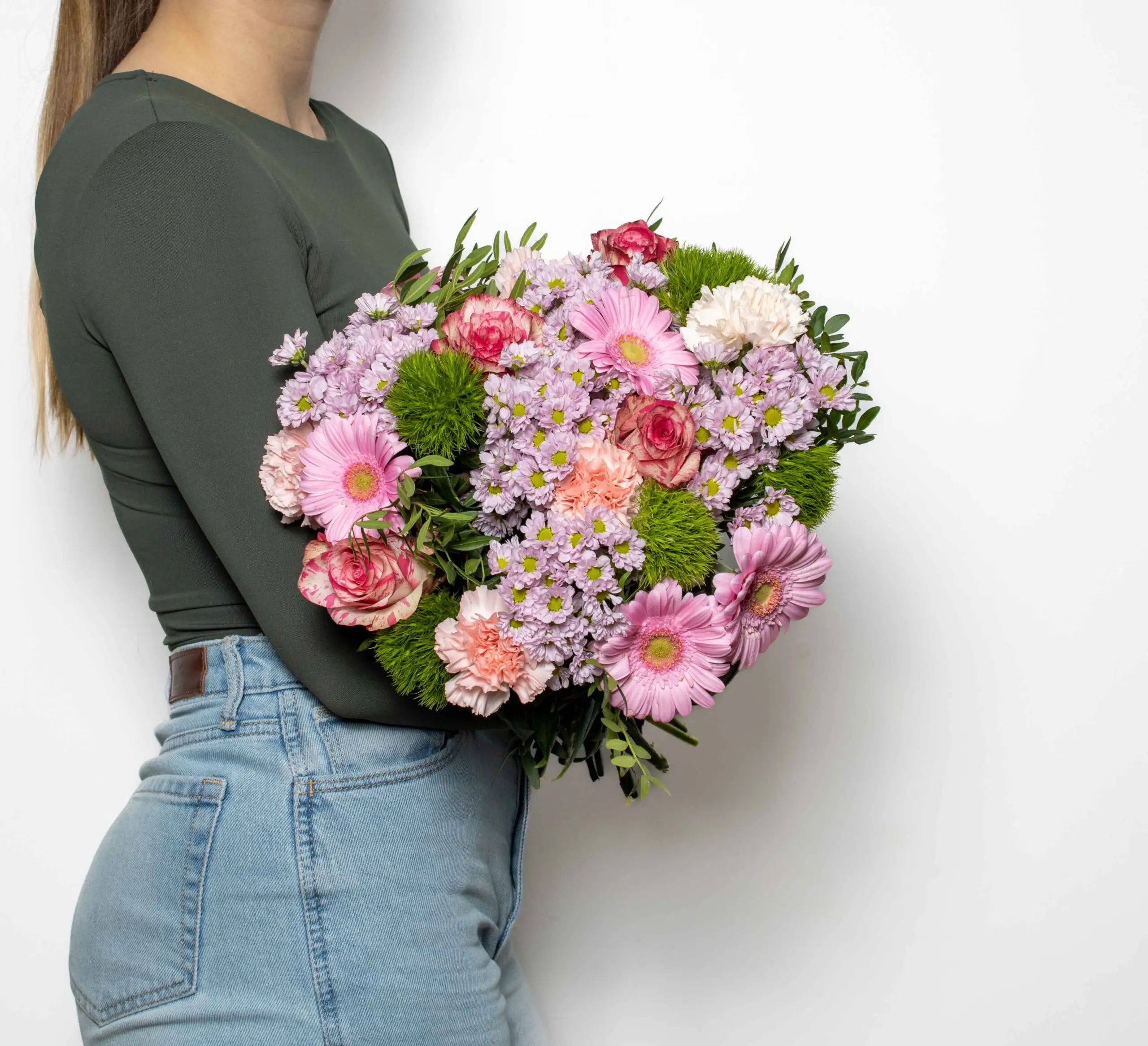 bouquet camaïeu : rose, vert, violet pastel