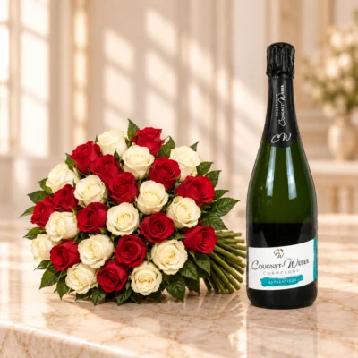 Pack Love Me 30 roses et Champagne — photo principale avec champagne Cougnet-Weber Authentique