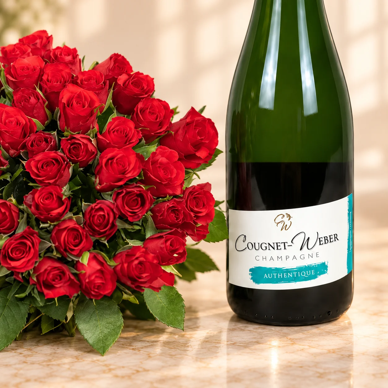 Pack roses rouges et Champagne — gros plan depuis les photos originales — champagne Cougnet-Weber Authentique