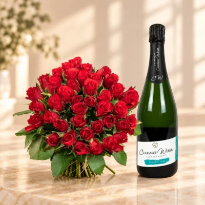 Pack roses rouges et Champagne — montage depuis les photos originales — champagne Cougnet-Weber Authentique